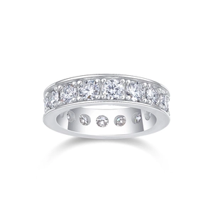 Classic silver sterling eternity ring featuring full circle round moissanite stones