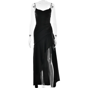 Elegant black satin slip dress featuring ruffles and a high-slit asymmetrical hemline