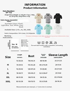 Detailed size guide and material specs for linen short sleeve hooded shirt for men