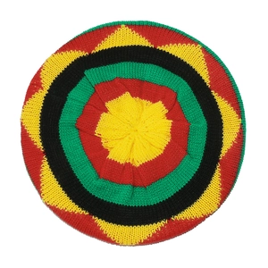 Detailed close-up of handmade crochet Rastafarian knit beret with colorful striped texture