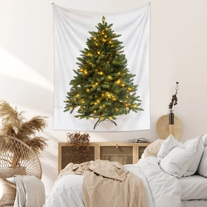 Dettaglio di un arazzo con albero di Natale su una parete della camera da letto minimalista