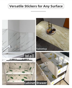 Self-adhesive oil-proof kitchen wallpaper shown on walls, tables, and cabinets
