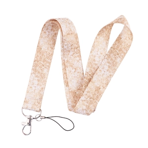 Detail of marble texture lanyard with metal swivel hook and black phone loop on white background