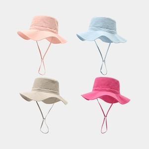 Polyester Wide Brim Bucket Hat With Adjustable Windproof Rope Sun Protection Breathable Solid Color Outdoor Women Kids