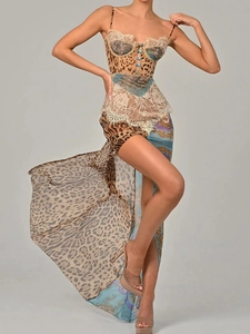 Sexy leopard print and blue totem maxi dress with lace trim and high side slit