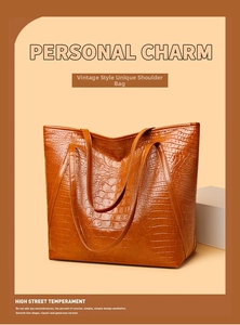 Detail of vintage brown tote bag featuring luxury crocodile texture and reinforced handles
