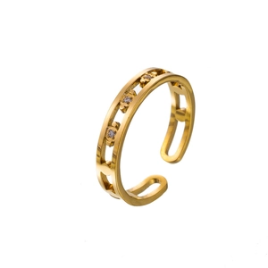 18K gold plated stainless steel open ring with sun heart hollow design and small diamonds
