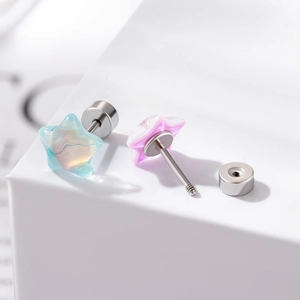 Star-shaped titanium steel stud earrings in dreamy blue and pink iridescent colors