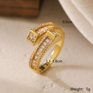Macro shot of 18K gold plated ring featuring rectangular cubic zirconia in a bezel setting