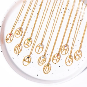 Zodiac Constellation Necklace Pendant Stainless Steel Gold Plated Oval Hollow Rune Gemstone Vintage Jewelry For Women