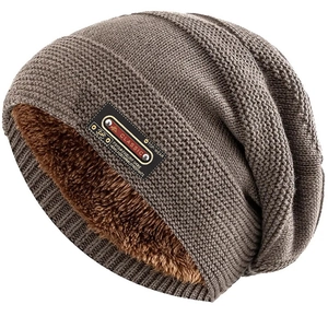 Winter Beanie Hat Men Women Knitted Polyester Fleece Lined Warm Thermal Outdoor Classic Leather Label Patch
