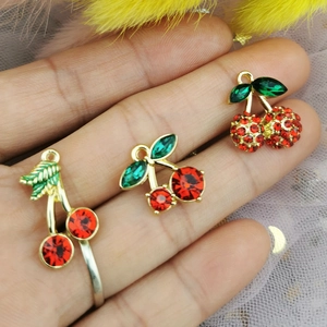 Three styles of red and green cherry pendants with gold plating for DIY jewelry making
