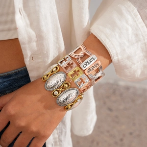 Bohemian multi-layer metal bracelet set with cross patterns and engraved inspirational words