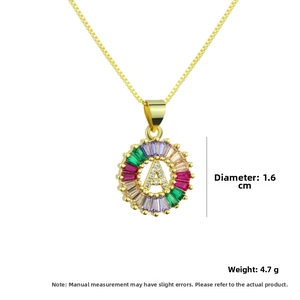 Detailed view of 1.6cm diameter gold letter A pendant with colorful rainbow zircon stones
