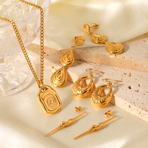 Stainless Steel Irregular Vortex Pendant Necklace And Geometric Gold Plated Earrings For Women Tarnish Free Retro