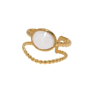 Minimalist gold stainless steel open ring with a white textured oval gemstone inlay