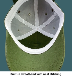 Detail of the inner sweatband and neat stitching inside the green baseball cap