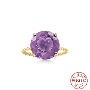Luxurious S925 sterling silver ring with large round purple gemstone and gold rope band