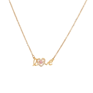 Golden heart necklace with Love letter pendant and pink gemstone on white background