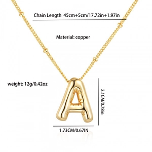 Detailed view of gold-plated puffy letter A pendant with exact size dimensions and weight