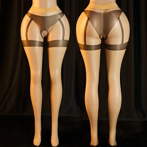 Plus Size Strapsstrumpfhose mit offenem Schritt und gelbem Taillenbund in Schwarz-Beige