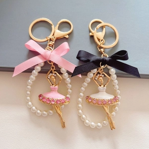 Ballet Dancer Keychain Alloy Rhinestone Artificial Pearl Ribbon Bow Faux Fur Pompom Bag Charm For Women Girls Gift