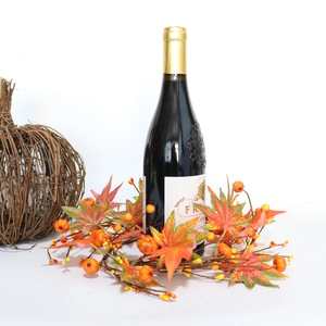 35cm Autumn maple leaf and mini pumpkin wreath with red wine bottle for festive decor