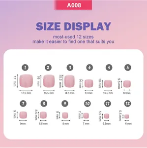 Size chart for glossy pink press-on toenails showing 12 most-used sizes with dimensions