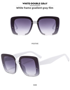 Weiße randlose quadratische Sonnenbrille mit grauen Verlaufsgläsern und Nieten