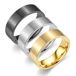Set of 3 matte titanium steel rings in black, silver, and gold with brushed finish