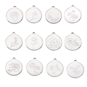 Round Birth Flower Pendants 304 Stainless Steel Engraved Floral Charms For DIY Jewelry Making Polished Metal