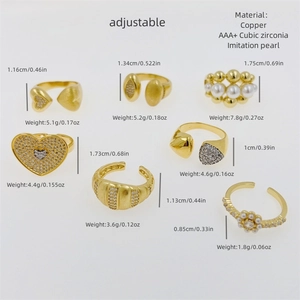 Detailed chart showing sizes and weights for adjustable 18K gold plated copper rings