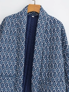Y2K ethnic print quilted jacket in navy blue with white geometric diamond patterns