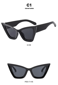Classic black cat-eye sunglasses with gray lenses shown in side and front view