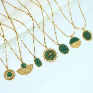Elegant 14K gold plated stainless steel necklaces with green natural stone pendants set