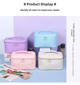 Detail of colorful Y2K heart embossed cosmetic bags with ring zippers and top handles