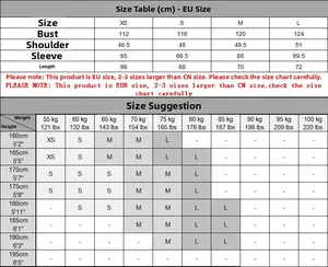 Size chart table for men's casual jacket showing chest, shoulder, and sleeve measurements
