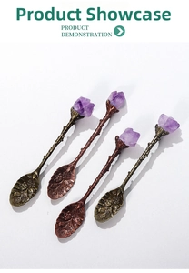 Detail of vintage bronze flower spoons with amethyst crystals and branch handles