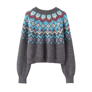 Grey Fair Isle knit sweater with colorful geometric jacquard patterns on neckline