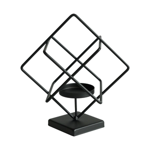 Modern black geometric iron candle holder with minimalist diamond frame and square base