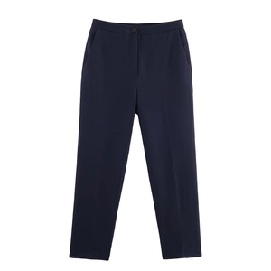 Women's chic dark blue high-waisted suit trousers with side pockets and center button
