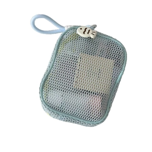 Light blue mesh toiletry bag with cute fish zipper pull and convenient carry handle