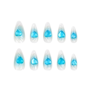 3D blue glitter heart press-on nails with blue and white gradient almond shape design