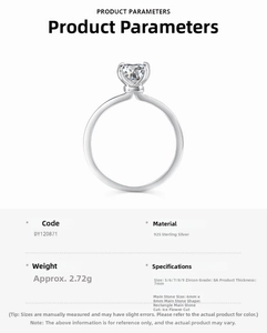 Detailed product specs of 925 silver ring featuring an 8A ice-cut rectangular zircon