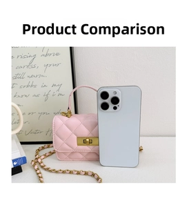 Mini pink quilted crossbody bag detail showing small size compared to a smartphone
