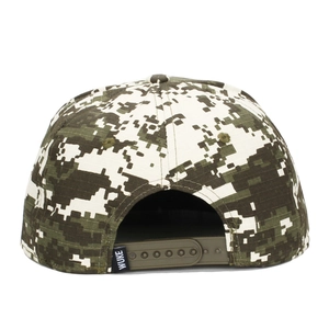 Rear view of a camouflage snapback hat with adjustable buckle and cotton fabric