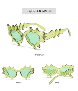 Three-angle view of green translucent irregular wavy frame sunglasses in 45°, front and back