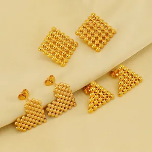 Golden heart, square, and triangle beaded stud earrings in titanium steel with gold plating