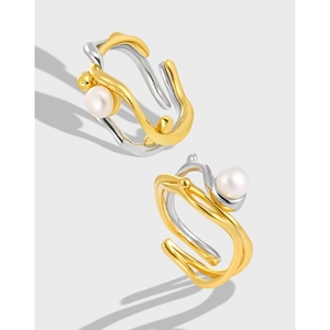 Minimalist irregular two-tone S925 silver open ring with freshwater pearl inlay