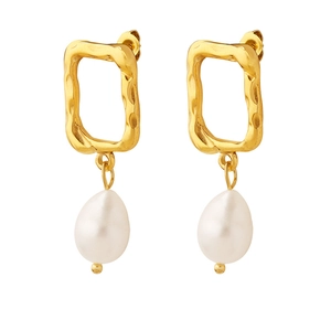 Elegant gold wavy rectangle earrings with natural freshwater pearl drops for women